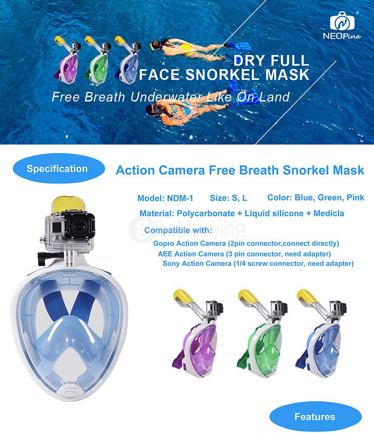 New NEOpine Water Sports Diving Equipment Full Dry Diving Mask Swimming Glasses for GoPro Hero /SJCAM / Xiaomi Xiaoyi Camera - Blue (Size L/XL)