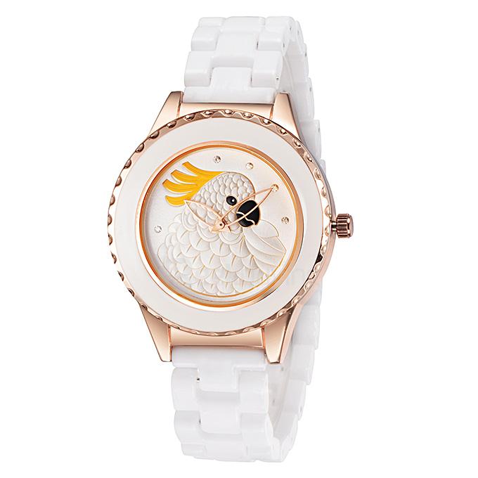 YR WH441 Stylish Quartz Ceramics Watch Lady Dress Watch with Special Colored Parrot Design 2 Pointers - Rose Gold