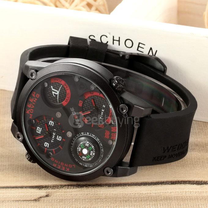 WEIDE UV1505 Trendy 3ATM Waterproof Electronic Men Quartz Sport Watch PU Strap Alloy Shell Dual Time Zones with Compass - Black