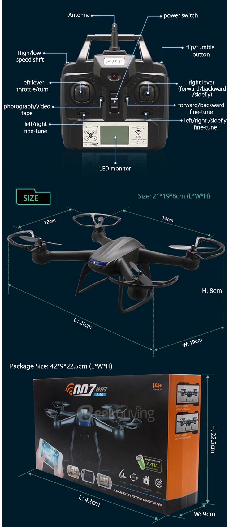 DM007W WIFI FPV Quadcopter 2.0MP HD Camera 2.4GHz 4CH 6 Axis Gyro 3D Rollover with CF Mode - Black