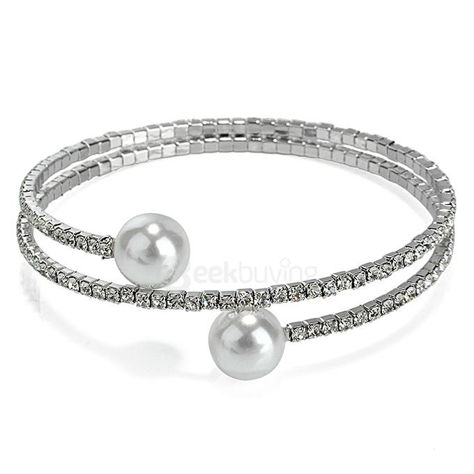 LBOS Fashion Women's Luxury Jewelry Cubic Zirconia Shell Bead Open Mouth Bracelet - Silver