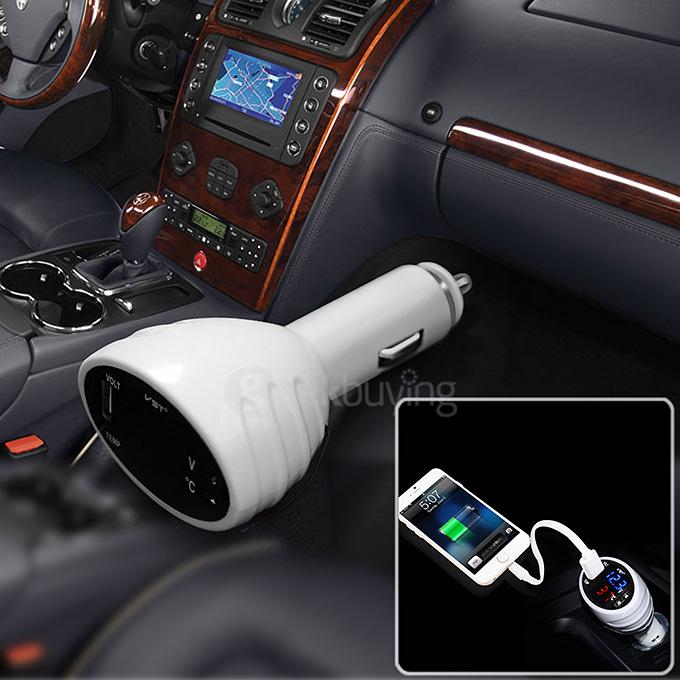 VST-708 3-in-1 Multi-Functional Voltage Thermometer Dual USB Car Charger Adapter - White