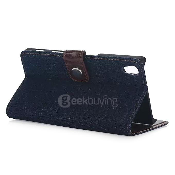 Denim Cloth Protective Leather Case With Holder/Card Slots/Wallet For SONY Xperia Z5 Smartphone - Black