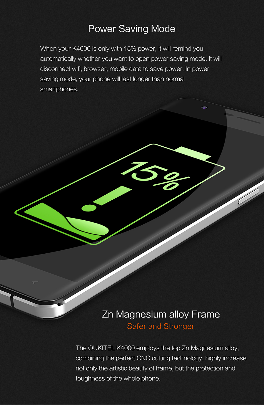 OUKITEL K4000 5.0inch 4G FDD-LTE 4000mAh Android 5.1 Smartphone MT6735 Quad Core 2GB 16GB 13.0MP IPS HD - Black