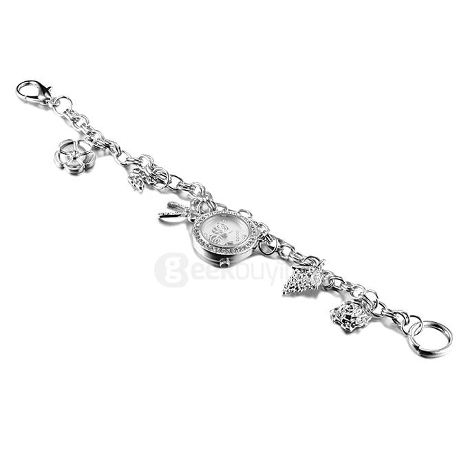 YR WH428 Stylish Elegant Lady Quartz Bracelet Watch Butterfly Rose Decoration Round Diamonds Pendant Dial - Silver