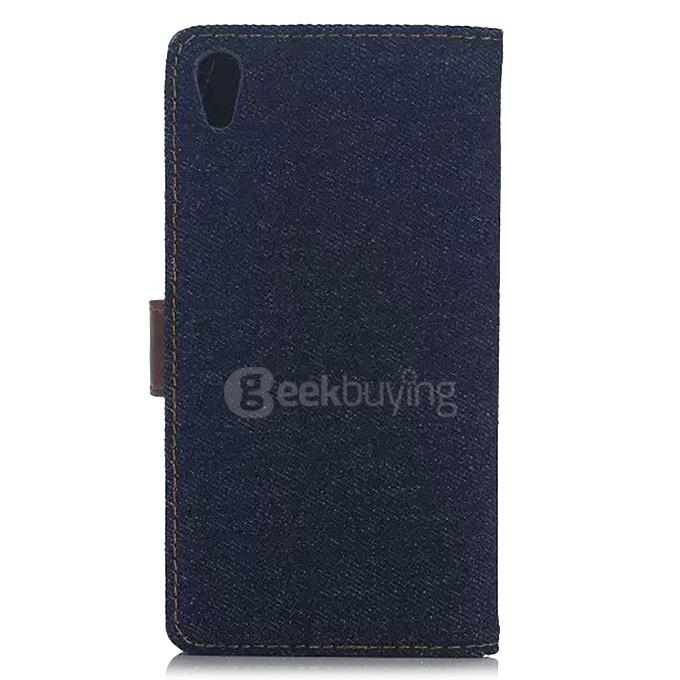 Denim Cloth Protective Leather Case With Holder/Card Slots/Wallet For SONY Xperia Z5 Smartphone - Black