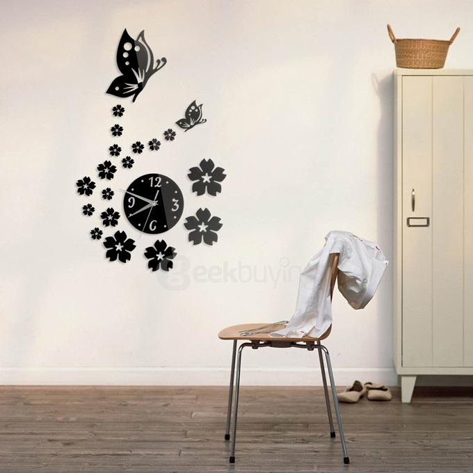 Butterfly Flower Wall Clock 3D Acrylic Mirror Sticker Modern Design Wall Decor - Black
