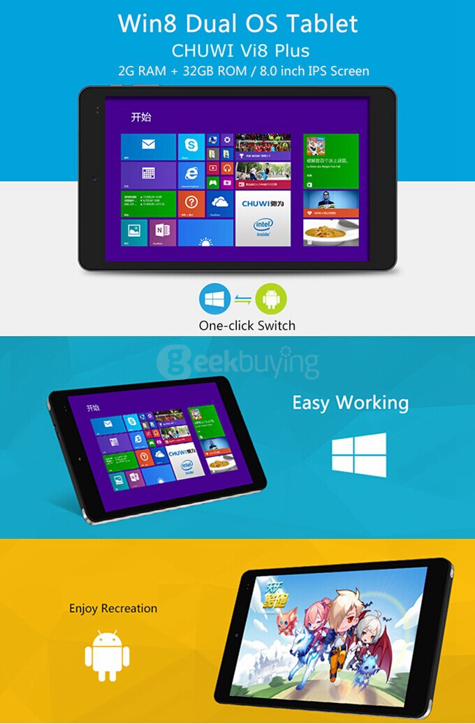 CHUWI Vi8 Plus 8 Inch Dual OS Windows8.1 + Android4.4 Tablet 2GB/32GB Intel Z3735F Quad Core 1.83GHz IPS 1280*800 Bluetooth OTG WiFi - Black