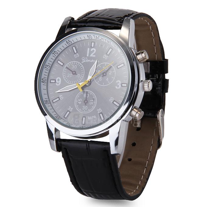Casual Round Case PU Band Unisex Quartz Analog Wrist Watch Mechanical Watch - Black