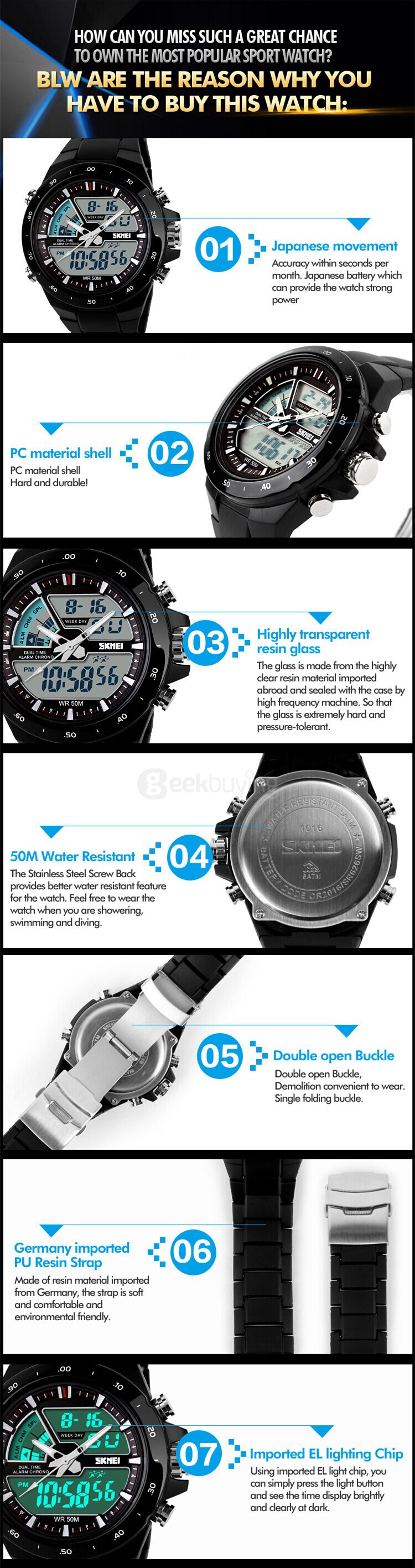 SKMEI 1016 Fashion Casual Unisex LED Sports Watch Waterproof Quartz Anolog & Digital Military Wristwatch - Black