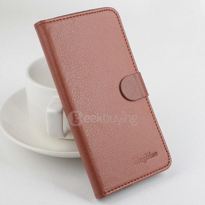 LingMao Protective Hard Cover Flip Stand Leather Case with Card Slots for KAZAM TROOPER X5.0 - Brown