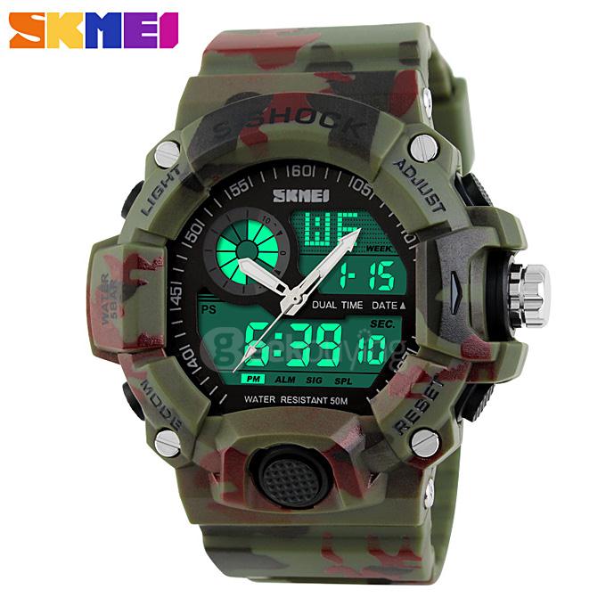 SKMEI 1029 50M Waterproof LED Digital Anolog Dual Time Quartz Watch Men Military Army Outdoor Sports Watches - Green