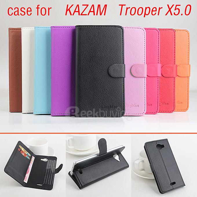 LingMao Protective Hard Cover Flip Stand Leather Case with Card Slots for KAZAM TROOPER X5.0 - Pink