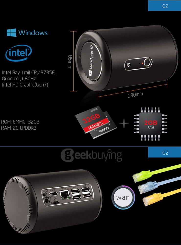 G2 Windows 2.0 MP Camera w/ MIC Intel MINI PC Z3735F Quad Core 2G/32G 2.4/5G Dual Band WIFI Bluetooth4.0 - Gold