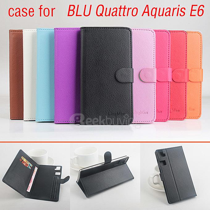 LingMao Protective Hard Cover Flip Stand Leather Case with Card Slots for BUL Quattro Aquaris E6 - Red