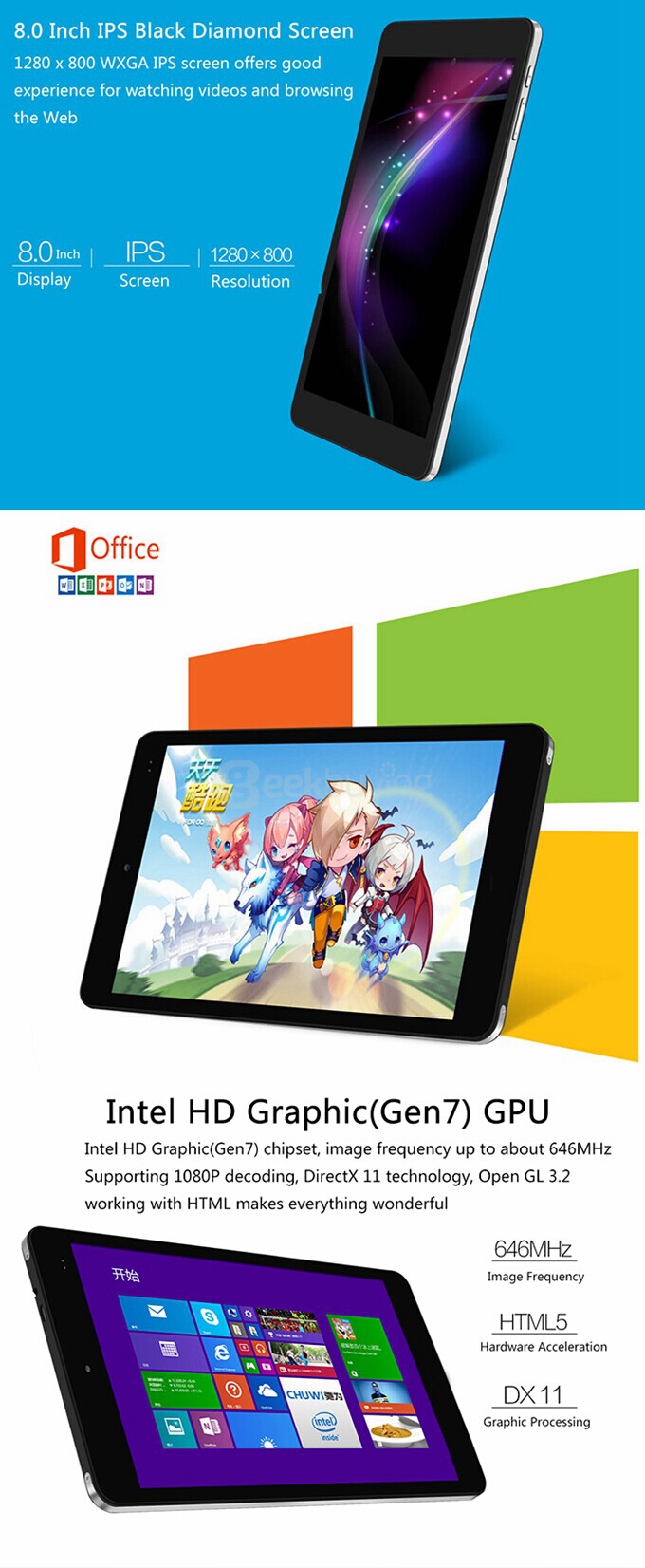 CHUWI Vi8 Plus 8 Inch Dual OS Windows8.1 + Android4.4 Tablet 2GB/32GB Intel Z3735F Quad Core 1.83GHz IPS 1280*800 Bluetooth OTG WiFi - Black