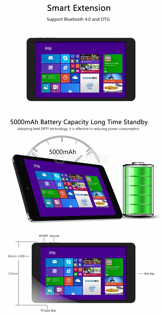 CHUWI Vi8 Plus 8 Inch Dual OS Windows8.1 + Android4.4 Tablet 2GB/32GB Intel Z3735F Quad Core 1.83GHz IPS 1280*800 Bluetooth OTG WiFi - Black