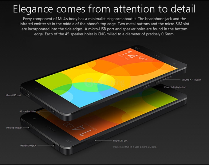 Xiaomi Mi4 5.0Inch MIUI V6 2GB 16GB 4G FDD-LTE Smartphone Snapdragon801 Krait 400 Quad Core 2.5GHz Infrared Remote- White