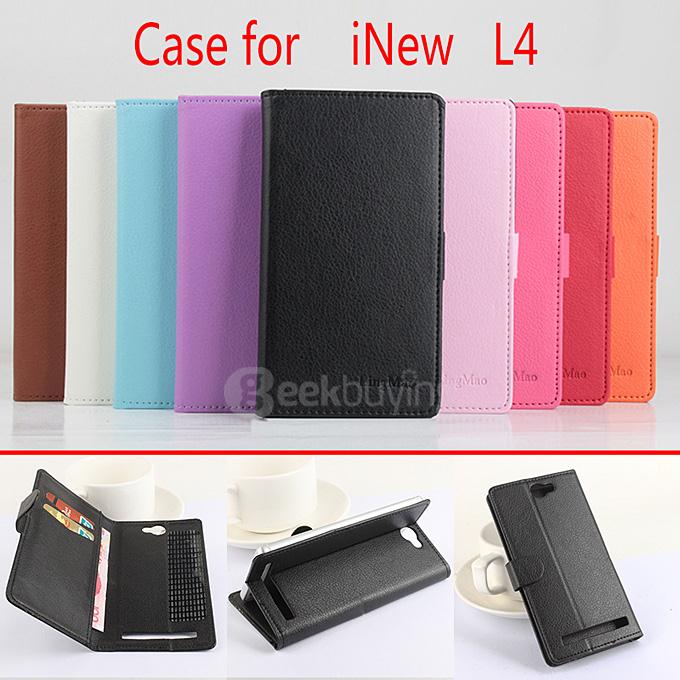 LingMao Litchi Peel Texture Protective Hard Cover Flip Stand Leather Case with Card Slots for iNew L4 Smartphone - Pink