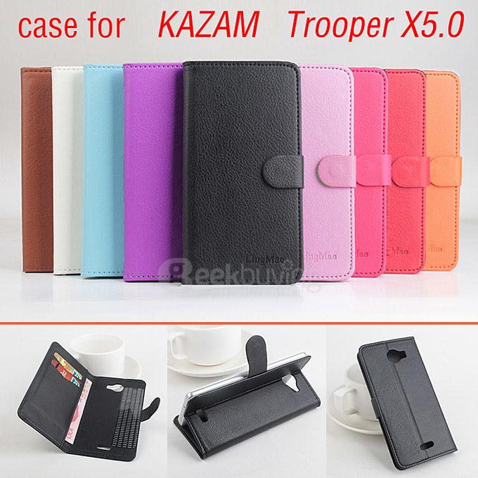 LingMao Protective Hard Cover Flip Stand Leather Case with Card Slots for KAZAM TROOPER X5.0 - Black