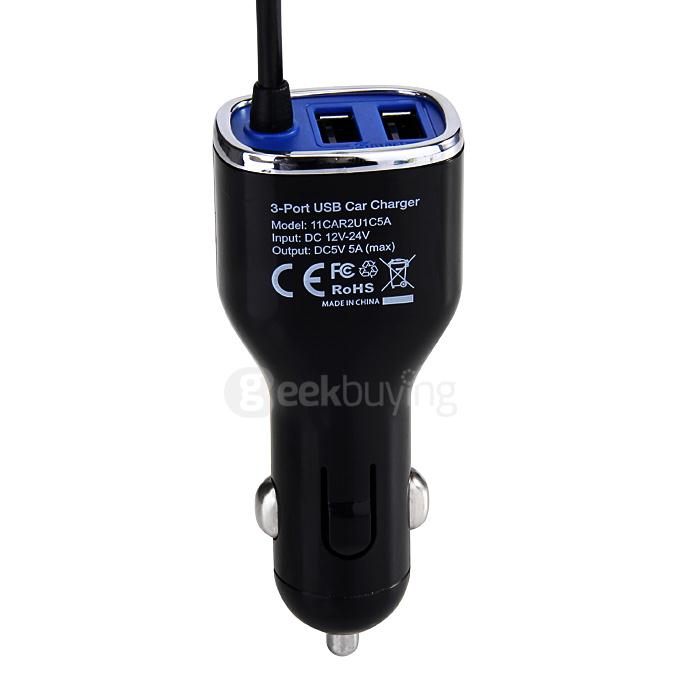 EasyAcc® 25W 5A 3-Port with Coiled Micro USB Cable Car Charger for Samsung Apple Android Smartphones Tablets - Black