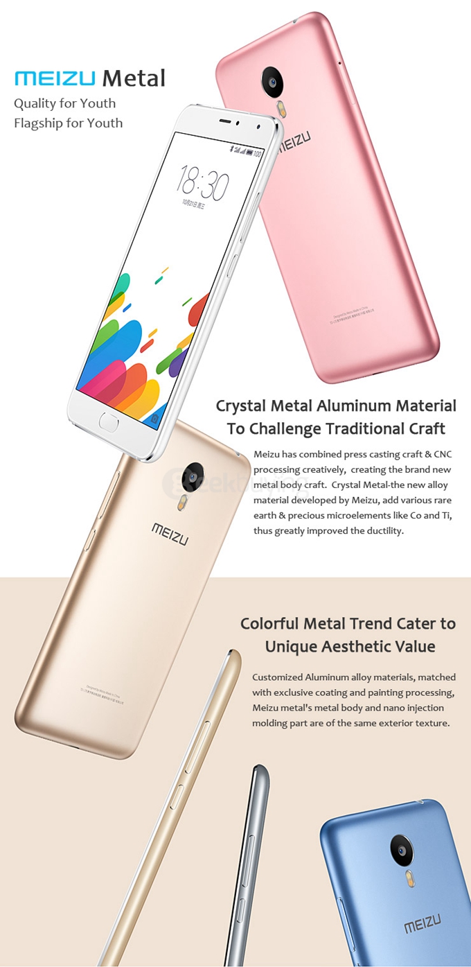 Meizu Metal / M1 Metal 5.5inch FHD 2.5D 4G Flyme 5 Smartphone 64bit Helio X10 Octa Core 2GB 16GB mTouch 2.1 5.0MP+13.0MP - Gold