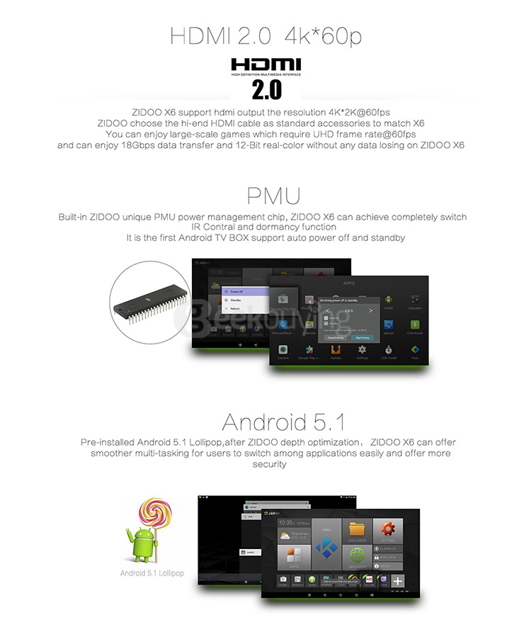 ZIDOO X6 Pro Android 5.1 Lollipop TV Box RK3368 Octa Core Cortex-A53 2G/16G 1000M LAN Dual Band WIF HDMI 2.0 4K*2K H.265 KODI 3D - Silver