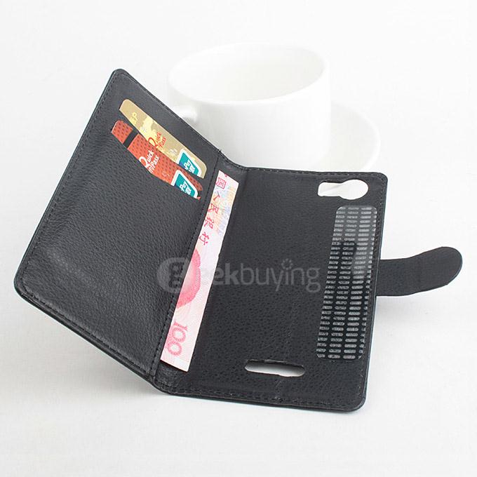 LingMao Protective Hard Cover Flip Stand Leather Case with Card Slots for micromaxUnite 3 Q372 - Black