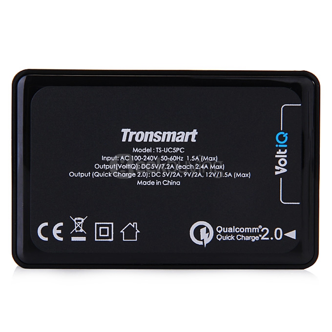 Qualcomm Certified Tronsmart Quick Charge 2.0 54W 5 Ports Desktop USB Charger Wall Charger with 1.8M DC/0.8M AC Cable for Samsung/Sony - UK Plug