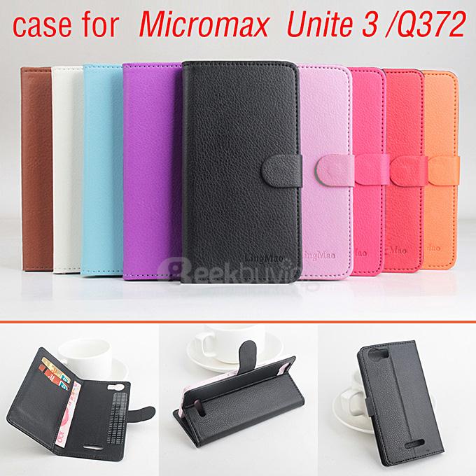 LingMao Protective Hard Cover Flip Stand Leather Case with Card Slots for micromaxUnite 3 Q372 - White