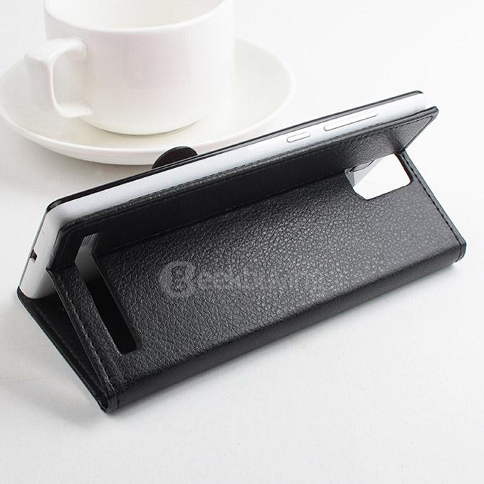 LingMao Protective Hard Cover Flip Stand Leather Case with Card Slots for Mijue M880 - Black