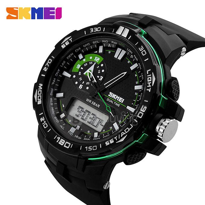 SKMEI 1081 Waterproof Outdoor Sports Digital & Analog Watches Men LED Electronic Oversized Dial Quartz Watch - Green