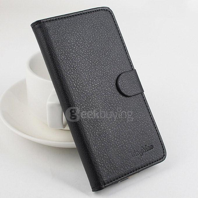 LingMao Protective Hard Cover Flip Stand Leather Case with Card Slots for KAZAM TROOPER X5.0 - Black