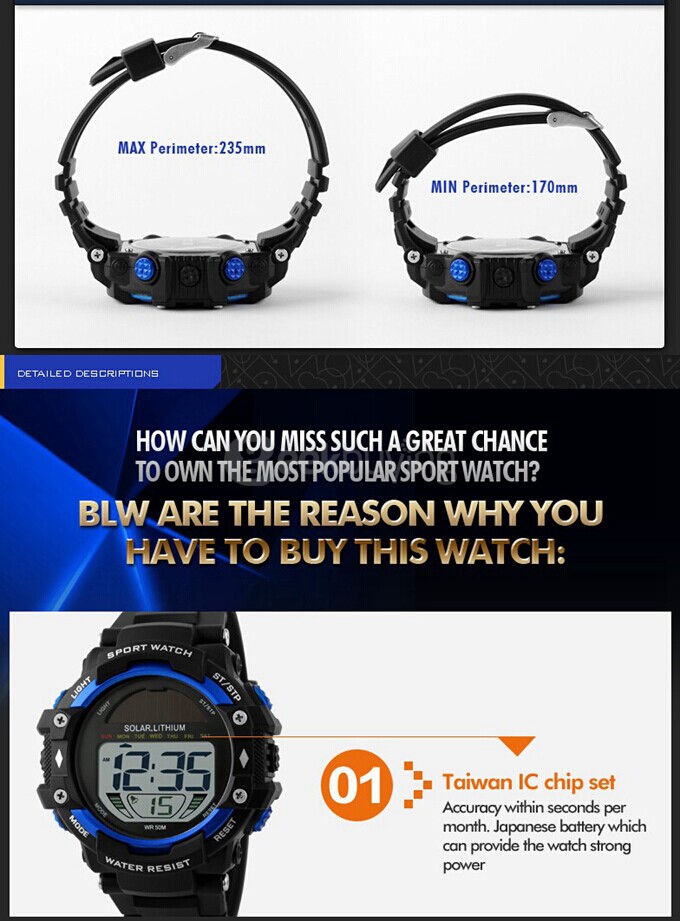 SKMEI 1129 New Arrivals Multifunction Solar Power Men LED Digital Watches Casual Waterproof Outdoor Sports Military Wristwatch - Blue