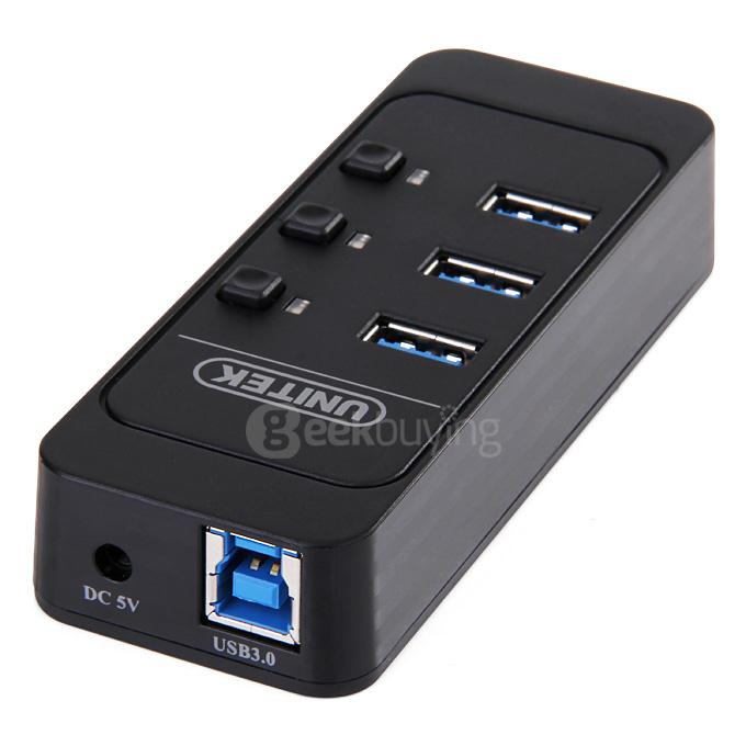 UNITEK Y-3072BK Portable USB3.0 4 Ports USB Hub Fast Charging Sync Data Strip With Switches - Black