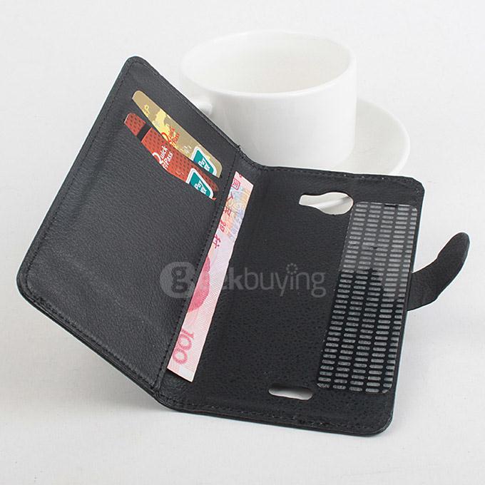 LingMao Protective Hard Cover Flip Stand Leather Case with Card Slots for KAZAM TROOPER X5.0 - Black