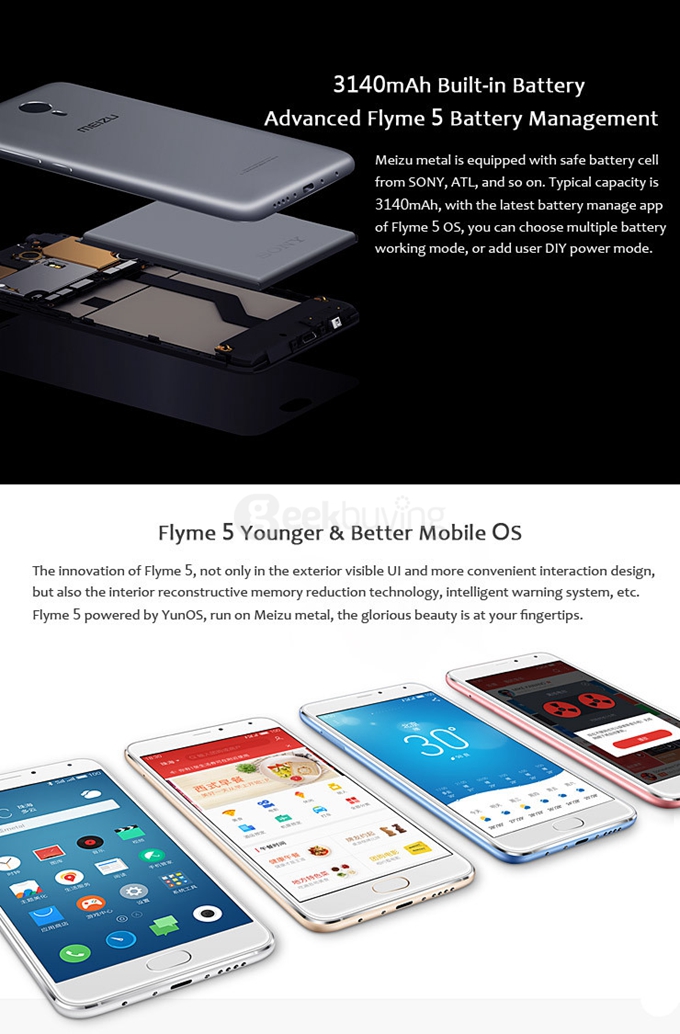 Meizu Metal / M1 Metal 5.5inch FHD 2.5D 4G Flyme 5 Smartphone 64bit Helio X10 Octa Core 2GB 16GB mTouch 2.1 5.0MP+13.0MP - Blue