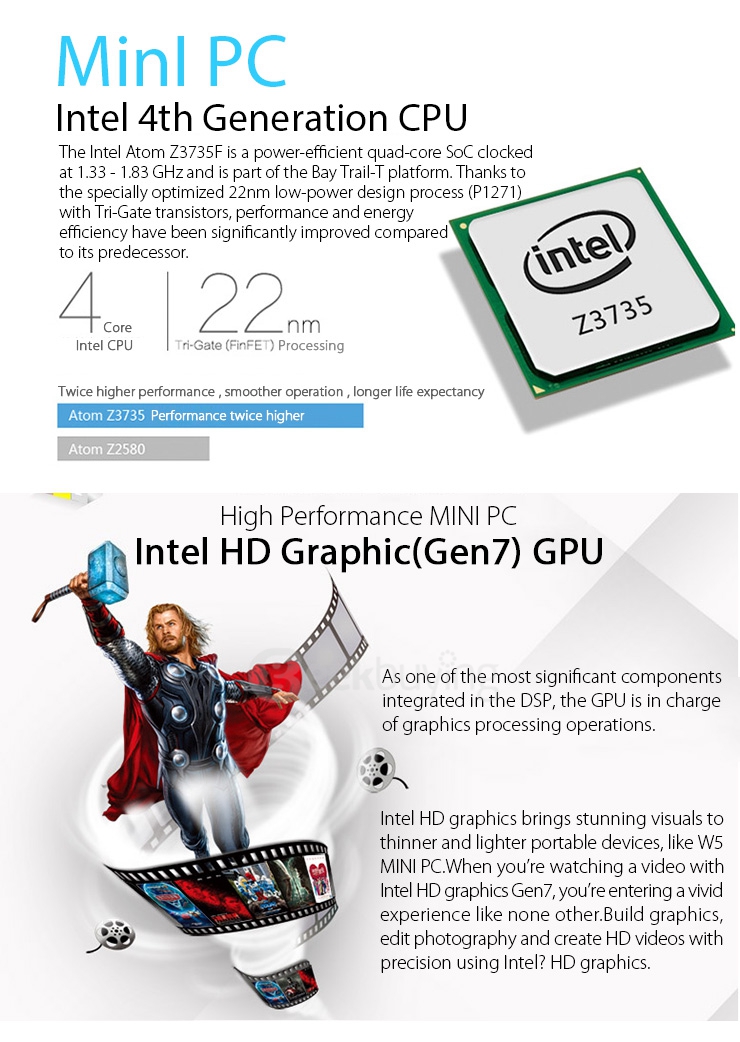 Wintel W5 Dual Boot Intel Mini PC Windows10 Android 4.4 Z3735F Quad Core 64Bit 2G/32G 802.11 b/g/n Bluetooth 4.0 HDMI