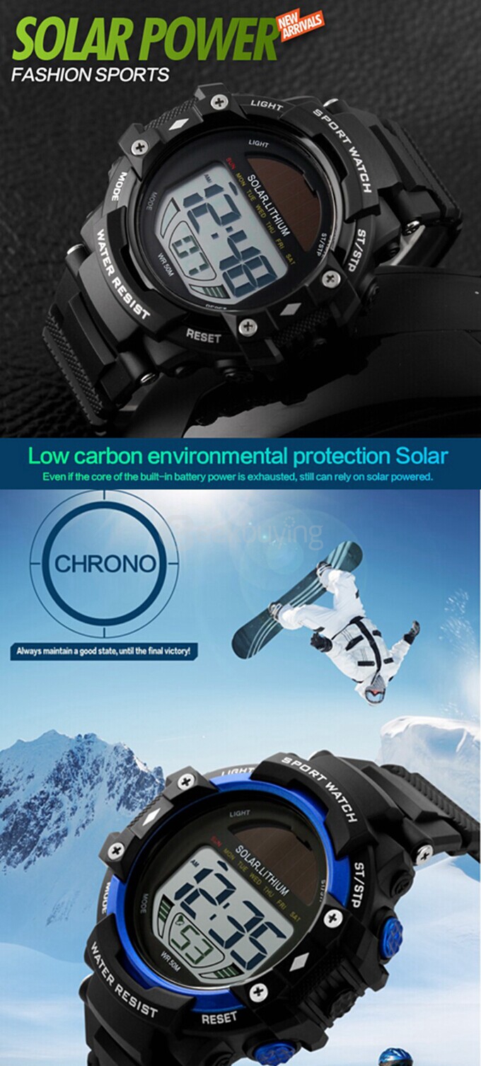 SKMEI 1129 New Arrivals Multifunction Solar Power Men LED Digital Watches Casual Waterproof Outdoor Sports Military Wristwatch - Blue