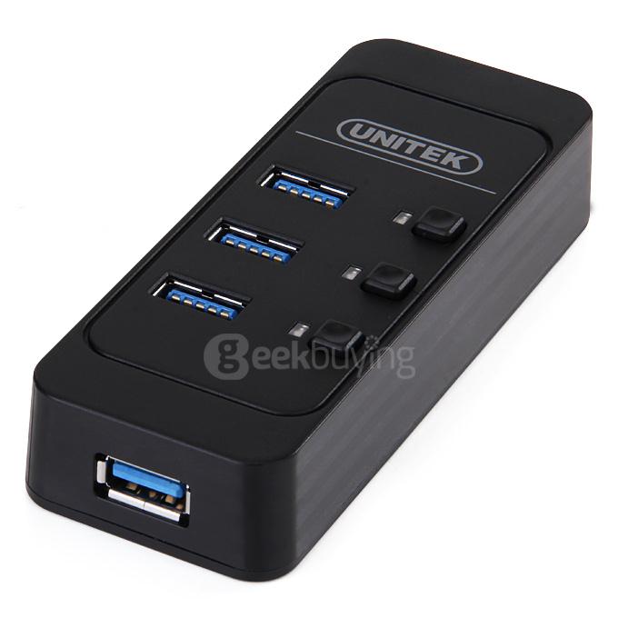 UNITEK Y-3072BK Portable USB3.0 4 Ports USB Hub Fast Charging Sync Data Strip With Switches - Black