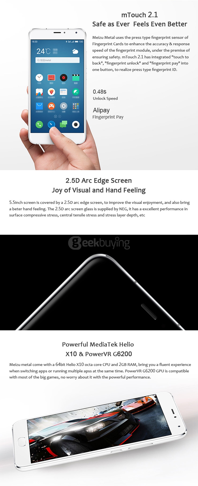 Meizu Metal / M1 Metal 5.5inch FHD 2.5D 4G Flyme 5 Smartphone 64bit Helio X10 Octa Core 2GB 16GB mTouch 2.1 5.0MP+13.0MP - Gold