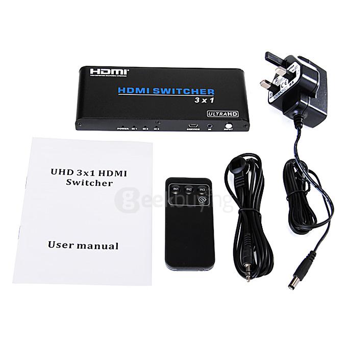 HDS-A31 UHD 4K*2K Video HDCP 3D 1080P 3X1 HDMI Switcher HUB Converter Box With IR Remoter Control Support - Black