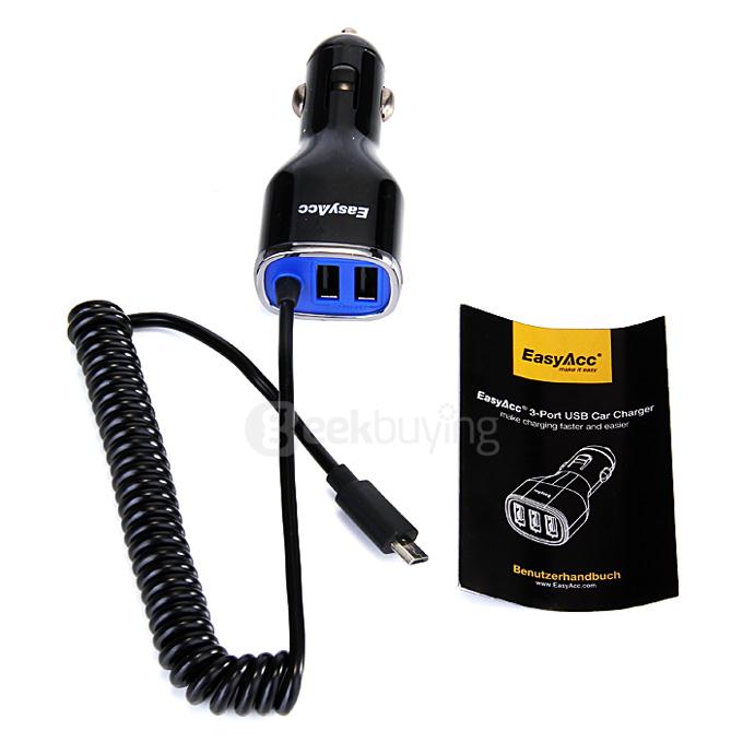 EasyAcc® 25W 5A 3-Port with Coiled Micro USB Cable Car Charger for Samsung Apple Android Smartphones Tablets - Black