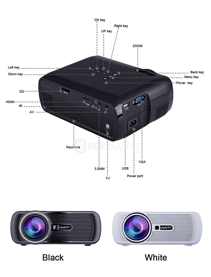 UHAPPY U80 HD Home Projector 800x480 1000LM Multimedia Projector USB/HDMI/TV/DTV/AV/YPBPR/VGA Input -Black