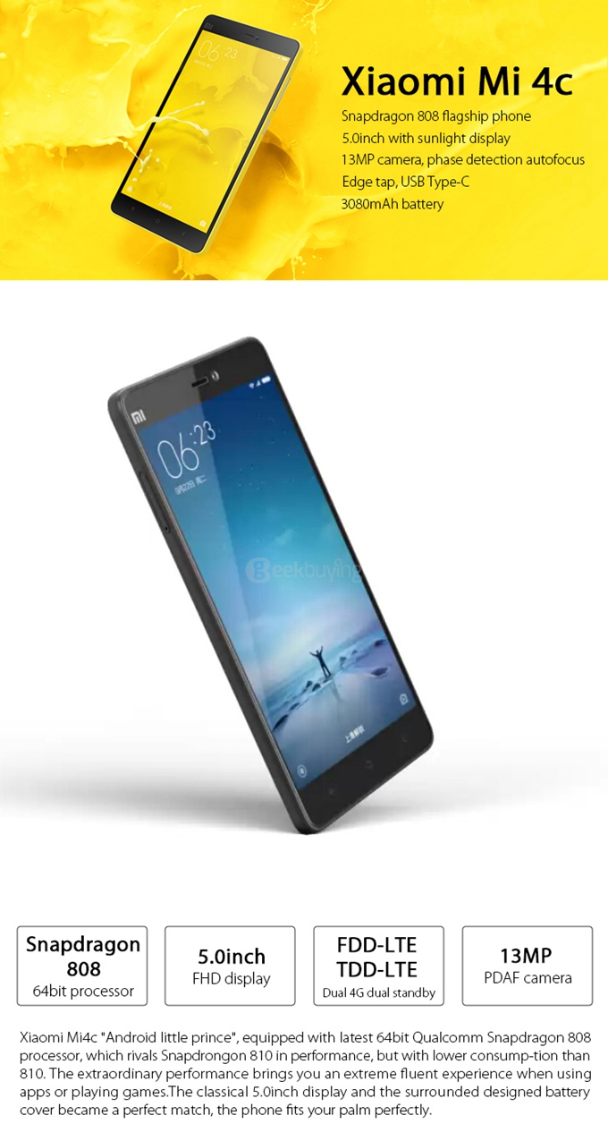 Xiaomi Mi4C 5.0inch Android 5.1 3GB 32GB Smartphone 4G FDD-LTE 64-bit Snapdragon 808 Hexa Core 1.8GHz 13.0MP 5.0MP Type-C Edge Tap - Yellow