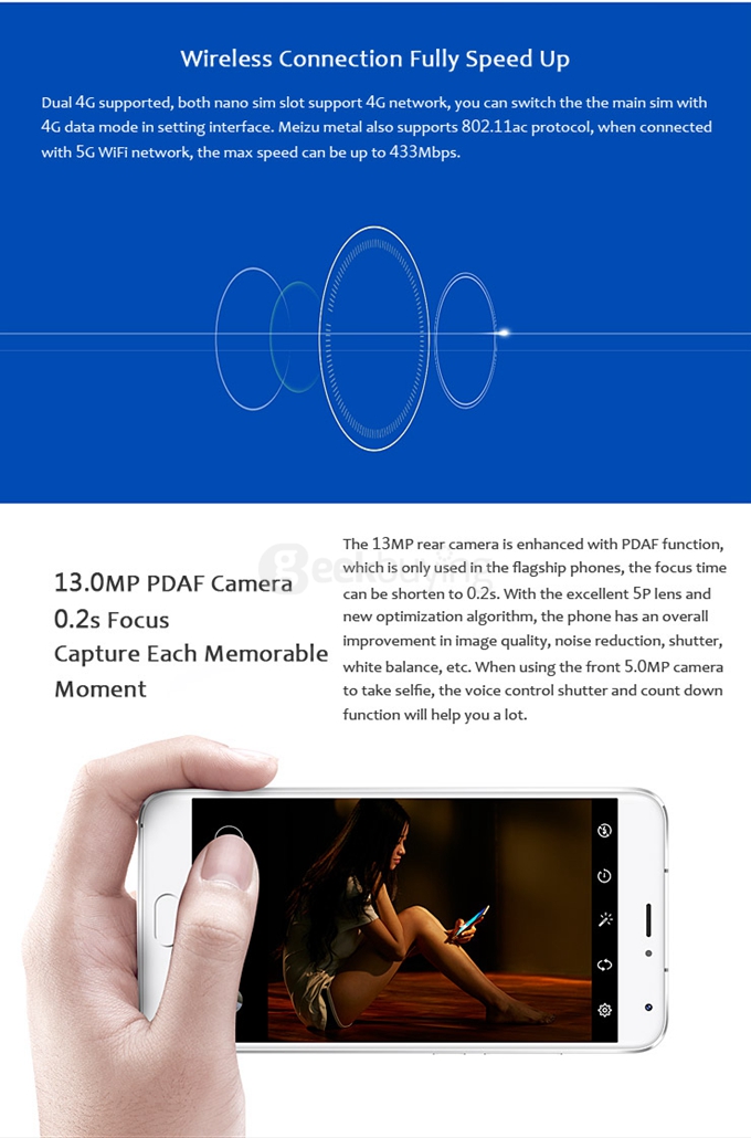 Meizu Metal / M1 Metal 5.5inch FHD 2.5D 4G Flyme 5 Smartphone 64bit Helio X10 Octa Core 2GB 16GB mTouch 2.1 5.0MP+13.0MP - Gold