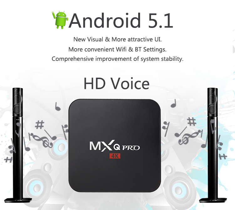 MXQ Pro 4K Ultra HD KODI Android 5.1 Lollipop TV Box 64bit Amlogic S905 Quad Core H.265 Hardware Decoding - Black
