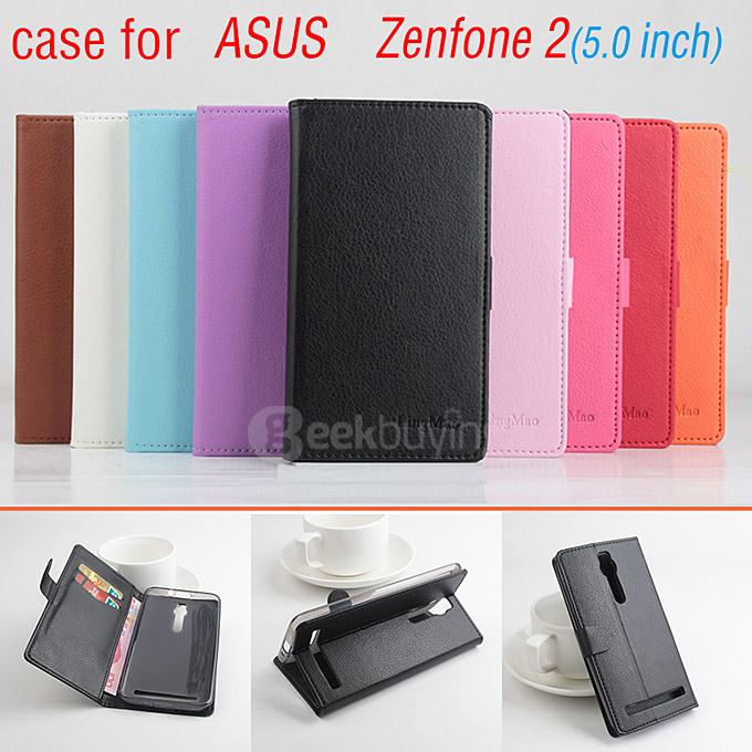 LingMao Protective Hard Cover Flip Stand Leather Case with Card Slots for ASUS Zenfone 2 5.5 inch - Purple