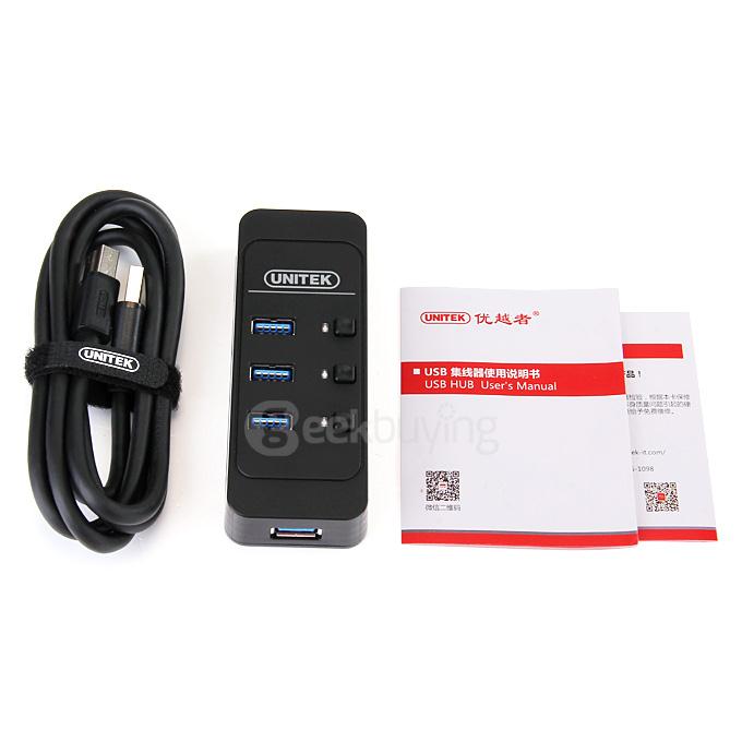 UNITEK Y-3072BK Portable USB3.0 4 Ports USB Hub Fast Charging Sync Data Strip With Switches - Black