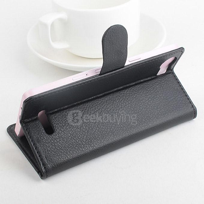 LingMao Protective Hard Cover Flip Stand Leather Case with Card Slots for micromaxUnite 3 Q372 - Black